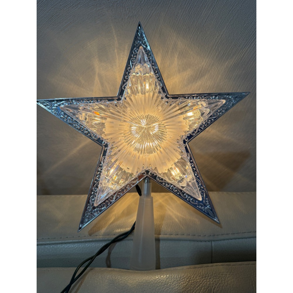 Lighted Christmas Tree Topper Star Silver Filigree Clear Faceted 9.5 In Plug-In